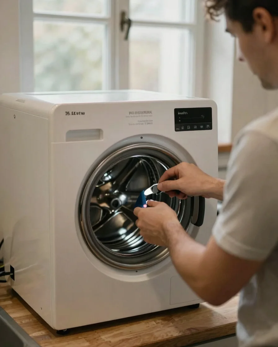 Techniker prüft eine Waschmaschine in einer Berliner Altbauküche,